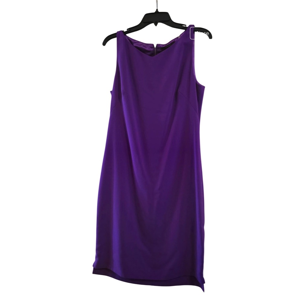 Tahari Womens Purple Satin Sleeveless Shift Dress Boat Neck Back Zip Knee Length